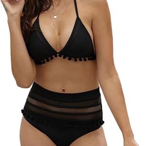Womens High Waist Two Pieces Bikini Set Striped Tassel Swimsuit